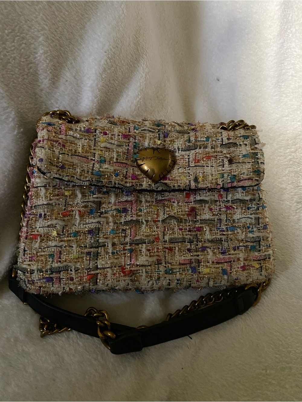 Betsey Johnson Cream Tweed Crossbody with Gold Heart Accent